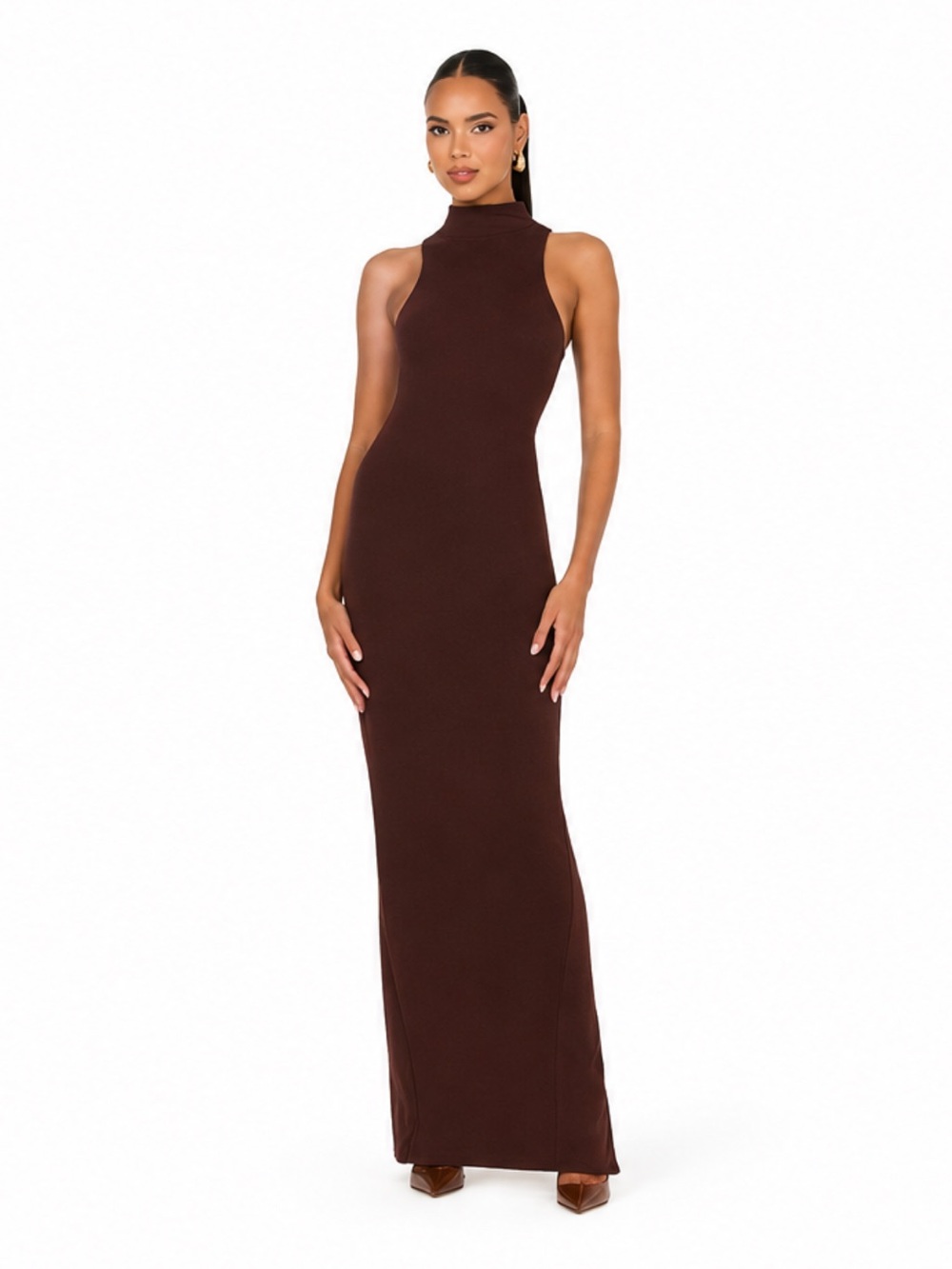 Naked Wardrobe Brown Square‑Neck Long Sleeve Maxi Dress Size M